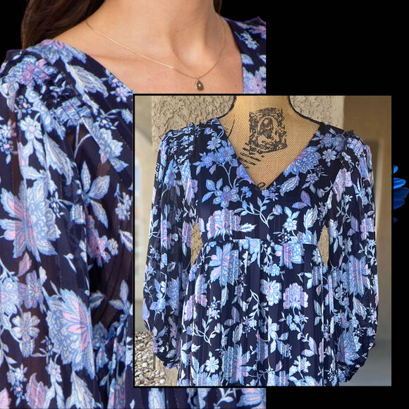 Pinkblush Navy Floral V-Neck Shimmer Midi Dress Size L - Picture 3 of 12